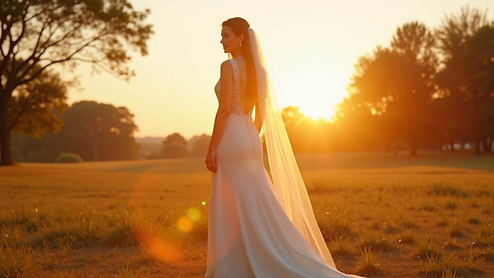 Eye-level view of a bride standing in soft golden hour light
