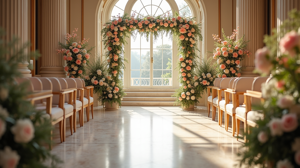 High angle view of a wedding venue with elegant floral arrangements
