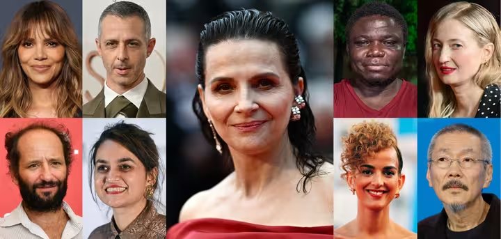 De gauche à droite: Halle Berry (actrice), Jeremy Strong (acteur), Juliette Binoche (présidente), Dieudo Hamadi (réalisateur), Alba Rohrwacher (actrice), Carlos Reygadas (réalisateur), Payal Kapadia (réalisatrice), Leïla Slimani (écrivaine) et Hong Sang-soo (réalisateur)