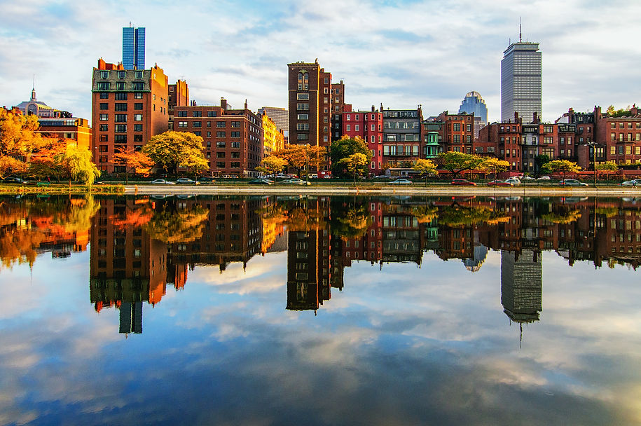 A horizontal shot of Back Bay neighborhood in Boston, Massachusetts with a cloudy white sk