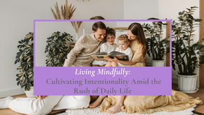 Family of four reading a book together on the floor, illustrating intentional living, mindfulness, and meaningful family connection.