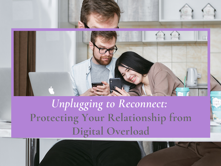 Couple sitting together using a laptop while each checks a smartphone, illustrating digital overload and the importance of unplugging to strengthen relationships.