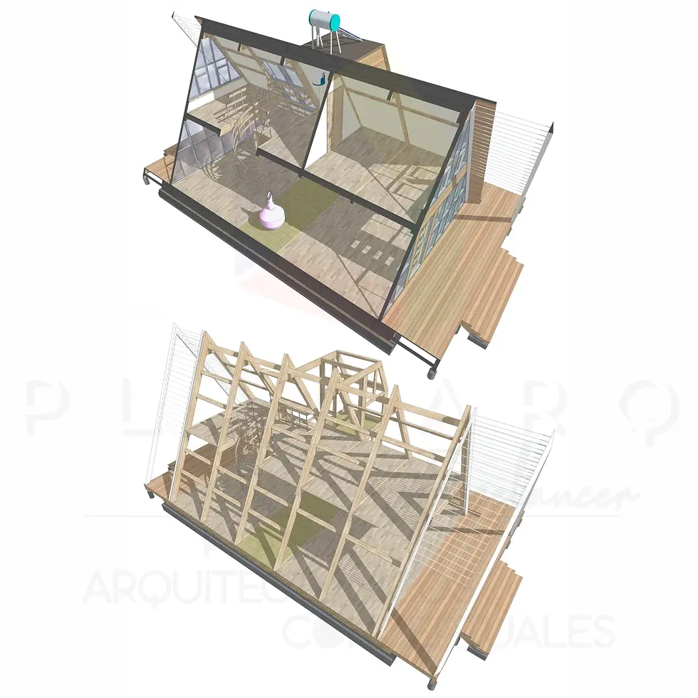 Miniatura: Sección perspectivas despiece estructural casa cabaña loft alpino