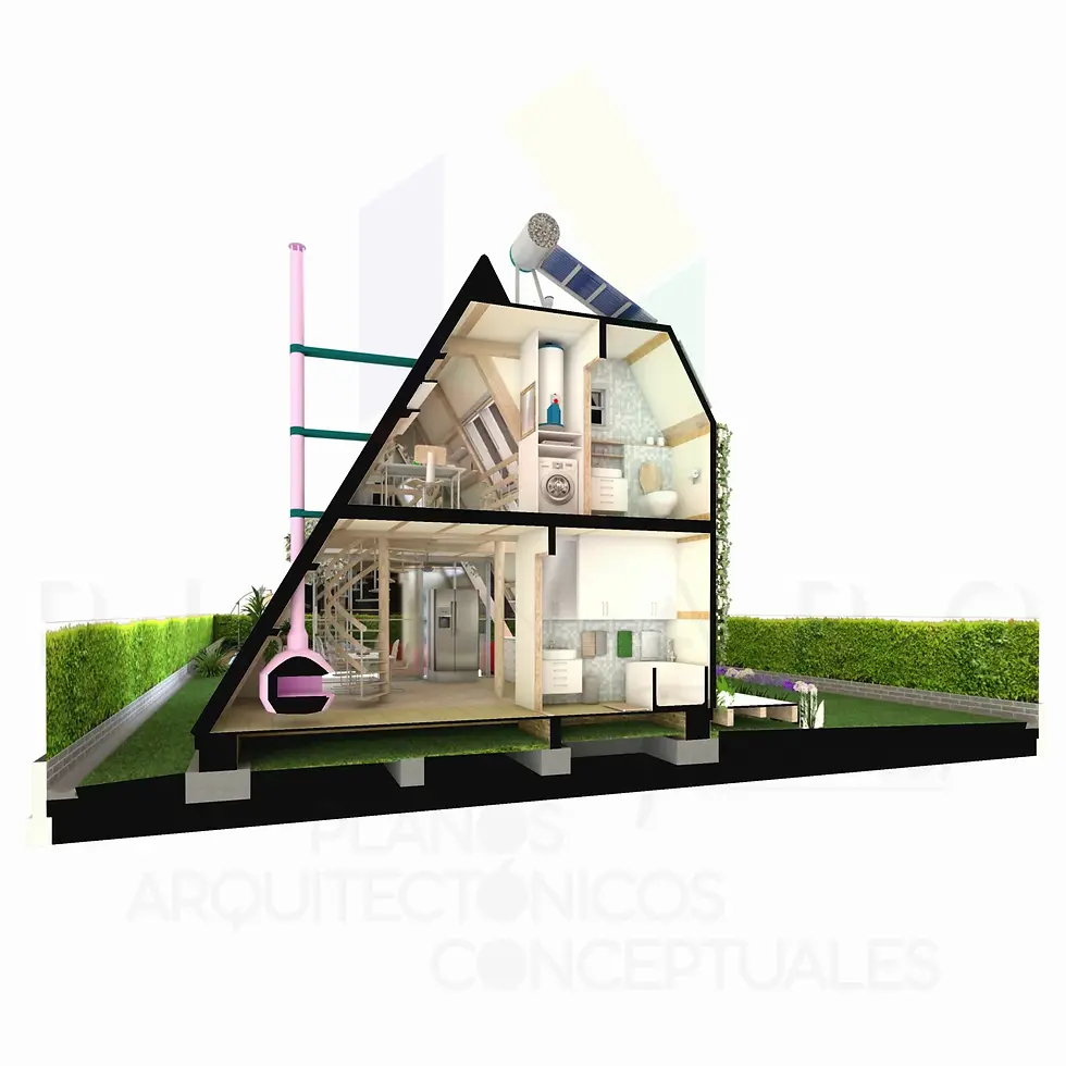 Miniatura: Sección transversal detalles interiores casa cabaña loft alpino