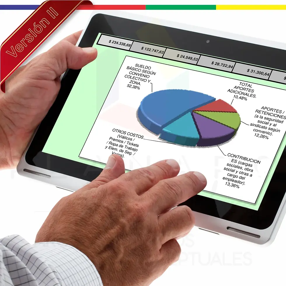 Miniatura: Manos sosteniendo una tablet y digitando las planillas de sueldos, jornales, cálculos, insumos, costos, cómputo y presupuesto