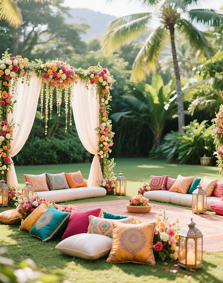 Mehendi ceremony décor setup in Mauritius with floral styling, cushions, and tropical garden setting