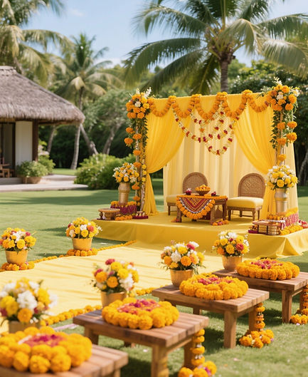 Haldi ceremony setup with yellow floral décor in outdoor Mauritius wedding setting