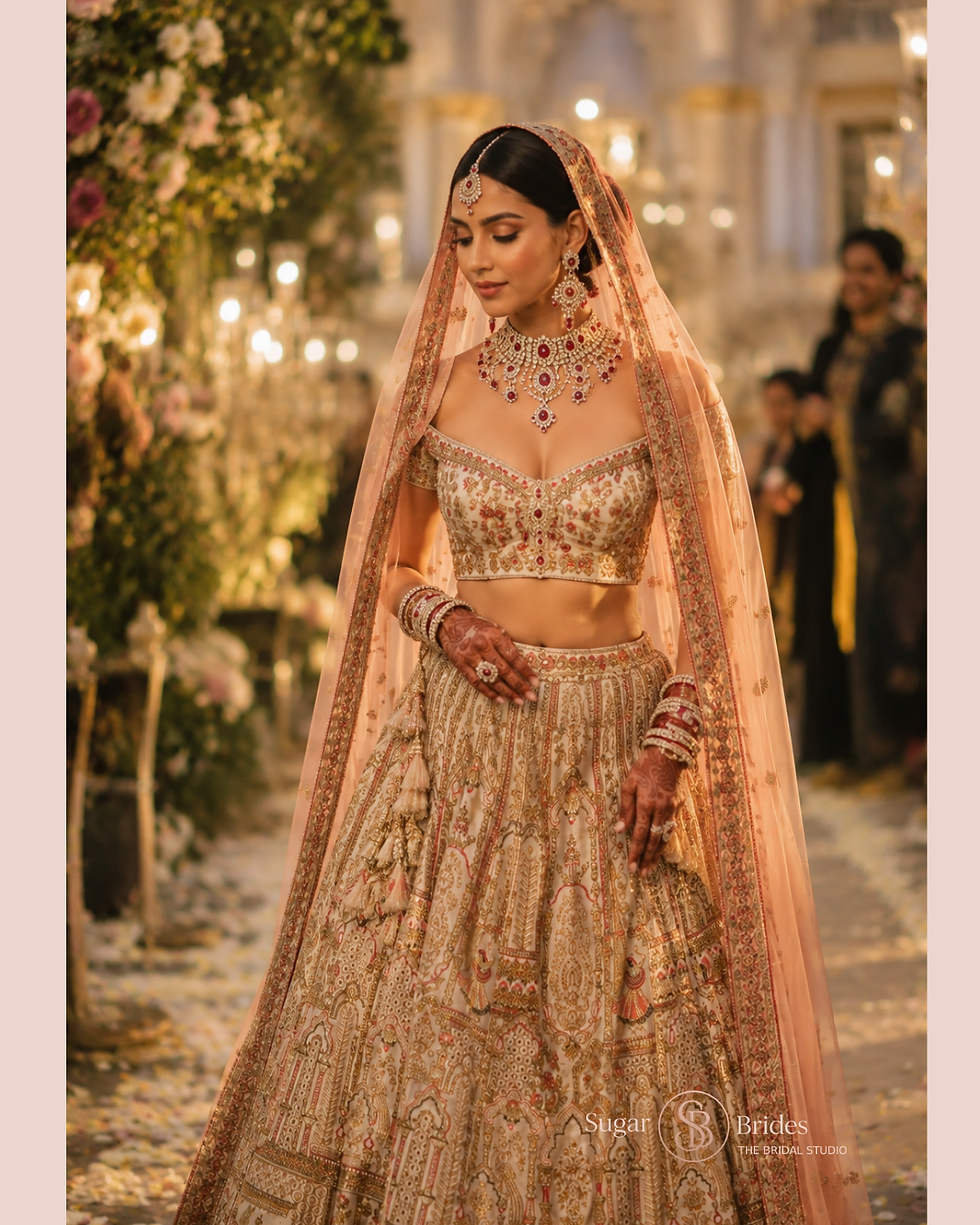 SugarBrides Bridal Studio lehenga on an Indian Destination wedding bride