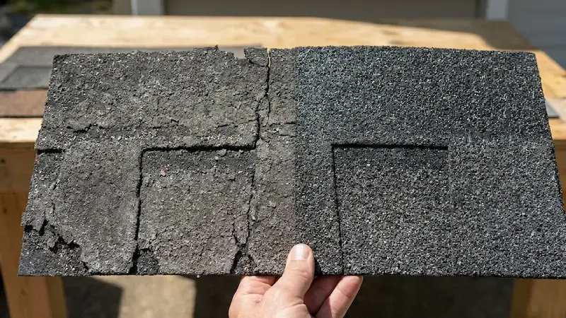 A close-up of an asphalt shingle, illustrating the difference between a dry, brittle shingle and a flexible, oil-replenished shingle. 