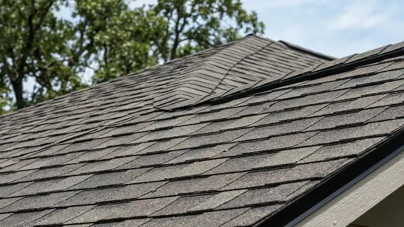 A close-up, impact-resistant shingle, highlighting its thick, textured, and durable surface.