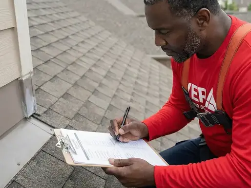 A professional KFR Roofing Solutions inspector safely examining a residential roof with a clipboard, highlighting the importance of detailed, annual roof inspections for preventative maintenance