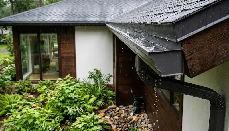 A close-up of clean, seamless aluminum gutters effectively channeling rainwater away from a modern Tallahassee home during a light rain shower, with lush green landscaping visible in the foreground.