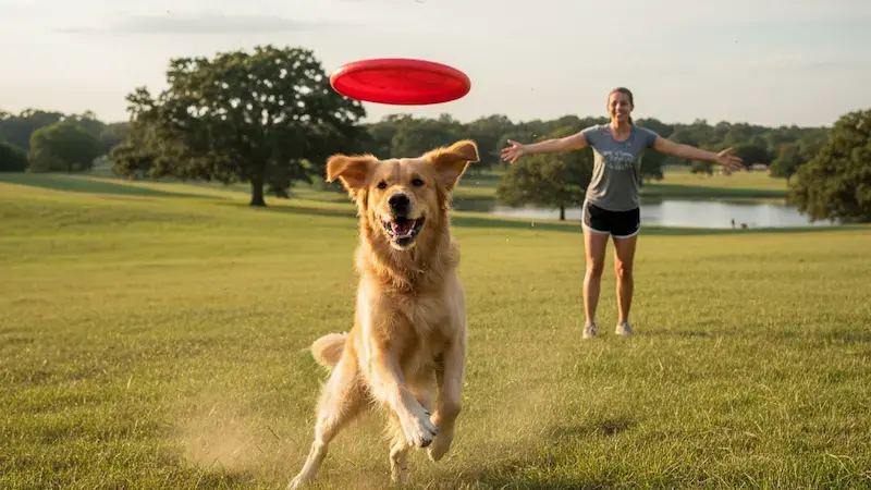 image of a dog play happily outdoors with his human companion