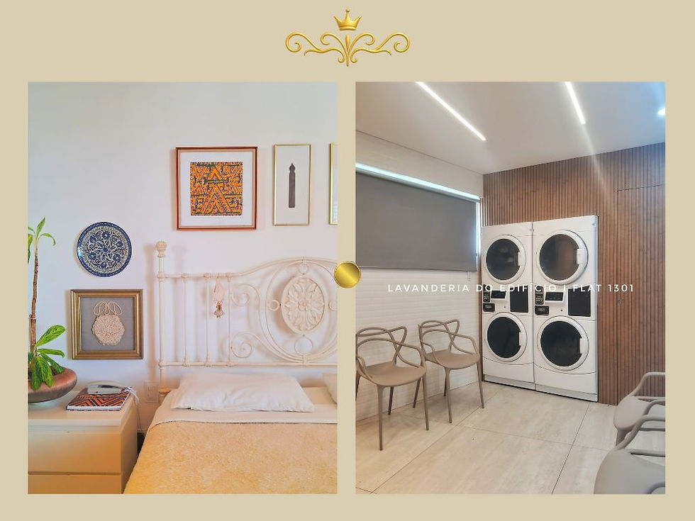 Detalhe da cama montada e ambiente decorado e, na segunda foto, está a lavanderia 24 horas do edifício.