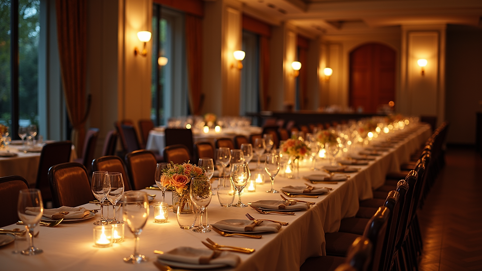 High angle view of a dining area set up for a formal event