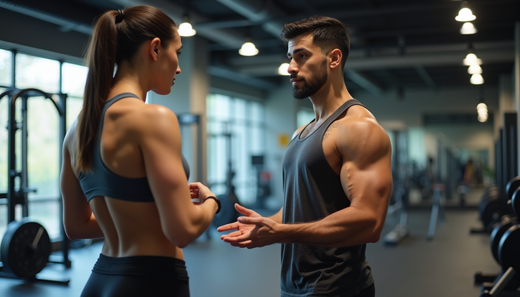 Close-up of a gym trainer explaining personalized nutrition plans to a young Indian fitness enthusiast