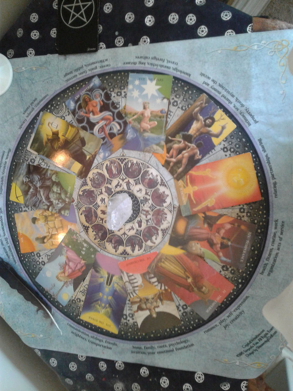 An example of a 12 card spread. Twelve tarot cards are arranged in a circle upon a labeled spread cloth. A large clear quartz crystal rests in the middle.