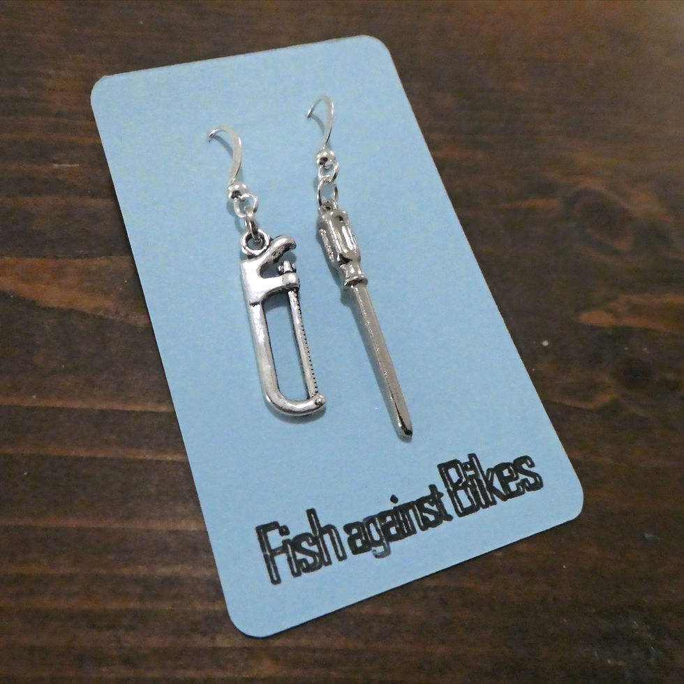 Silver saw and screwdriver earrings, FishAgainstBikes