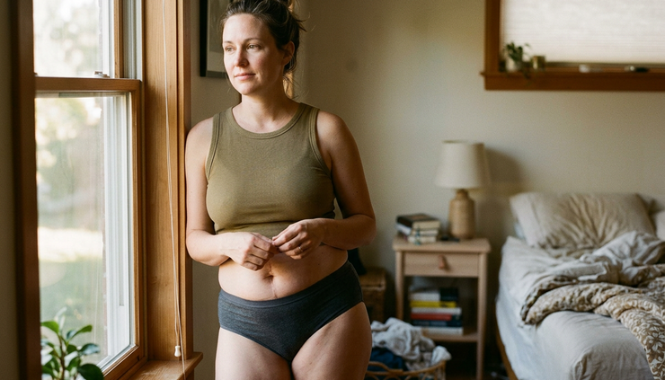Eye-level view of a woman standing in soft natural light with a visible c-section overhang