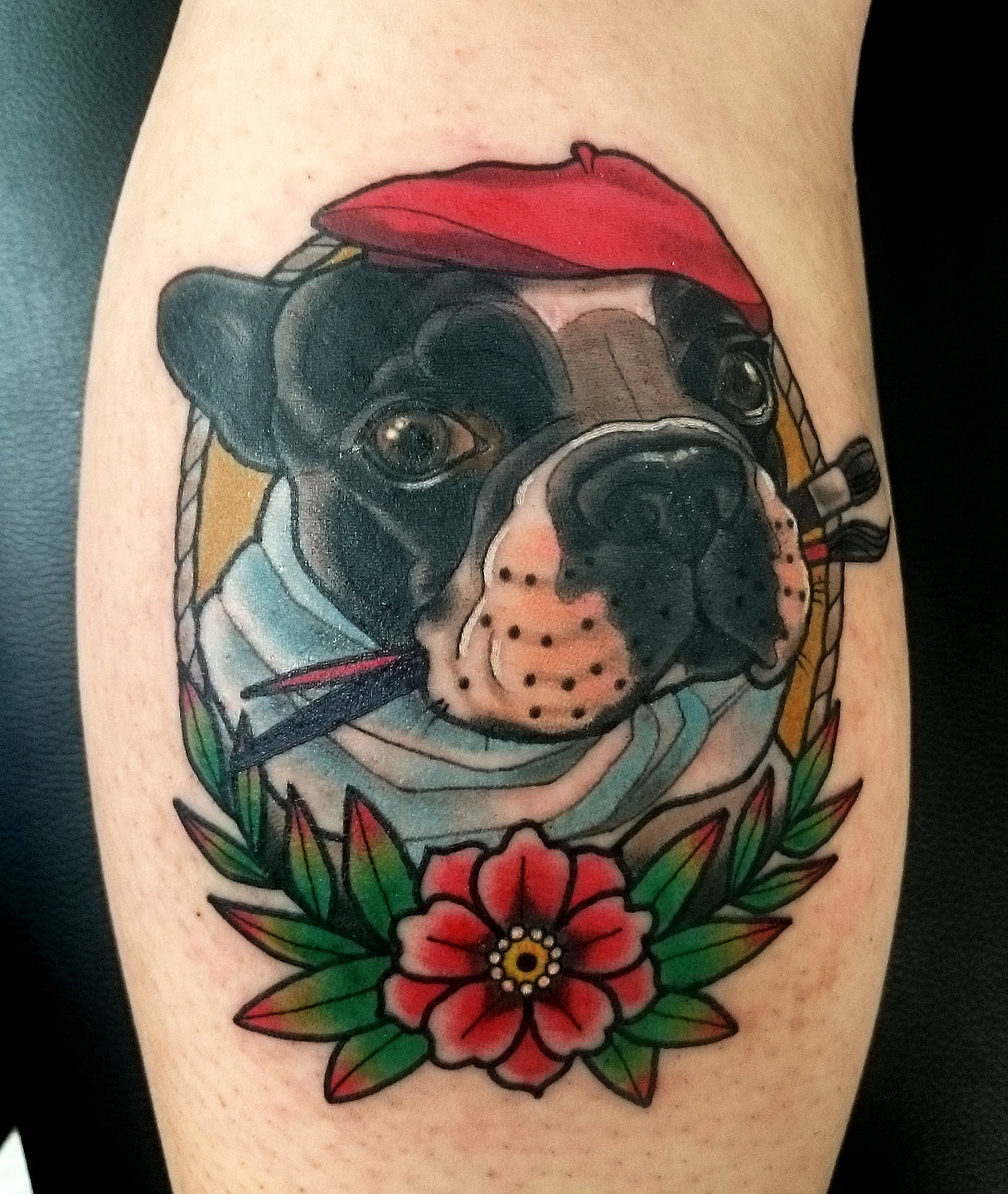 neo trad dog portrait tattoo