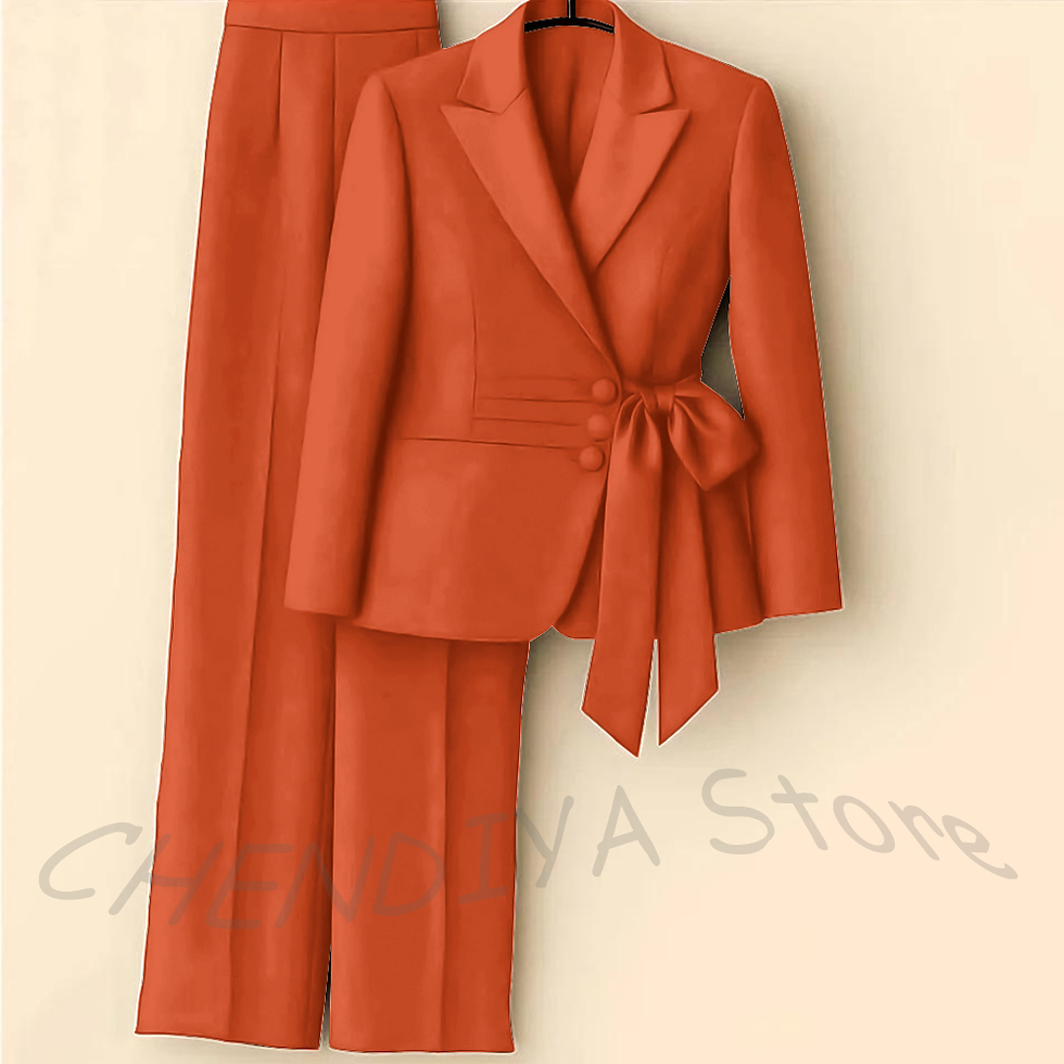 Miniatura: Modern Fashion Women's Suit Set Two Piece With Bow Peaked Lapel Solid Color High