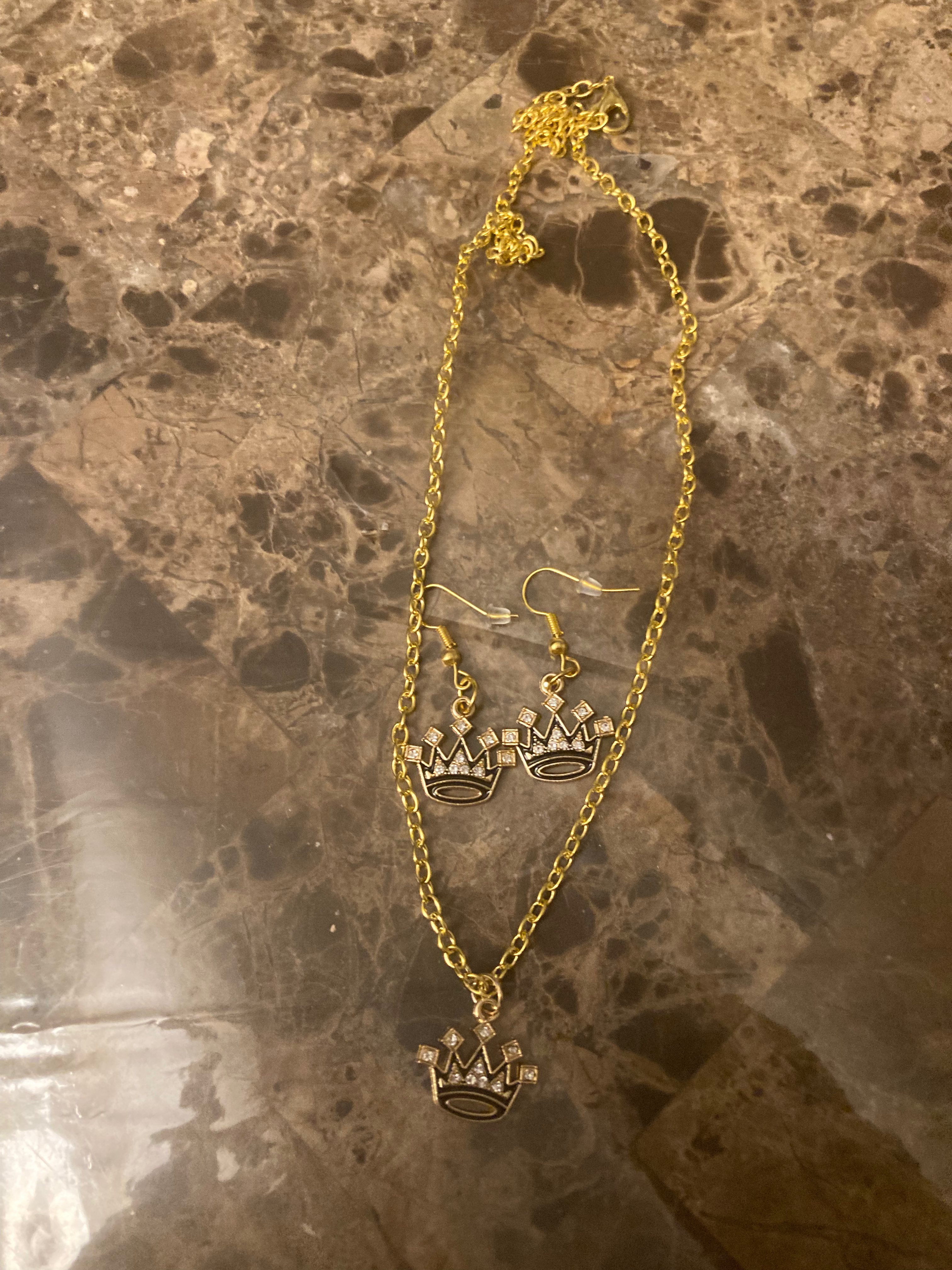 Gold Crown Necklace & Earrings Set