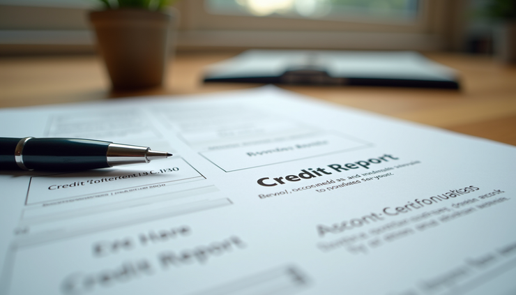 Eye-level view of a credit report document with a pen on a wooden desk