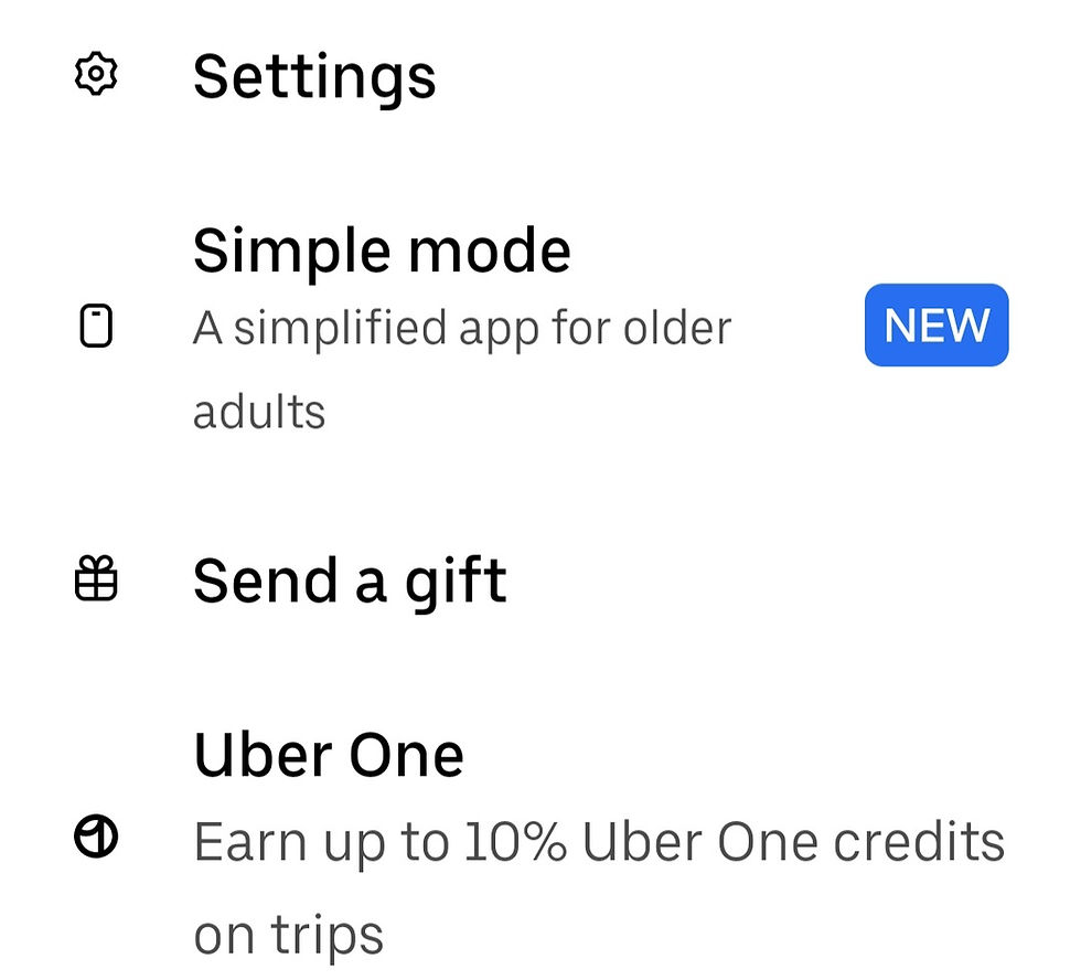 The settings page of the Uber app showing a "Simple mode...for older adults"