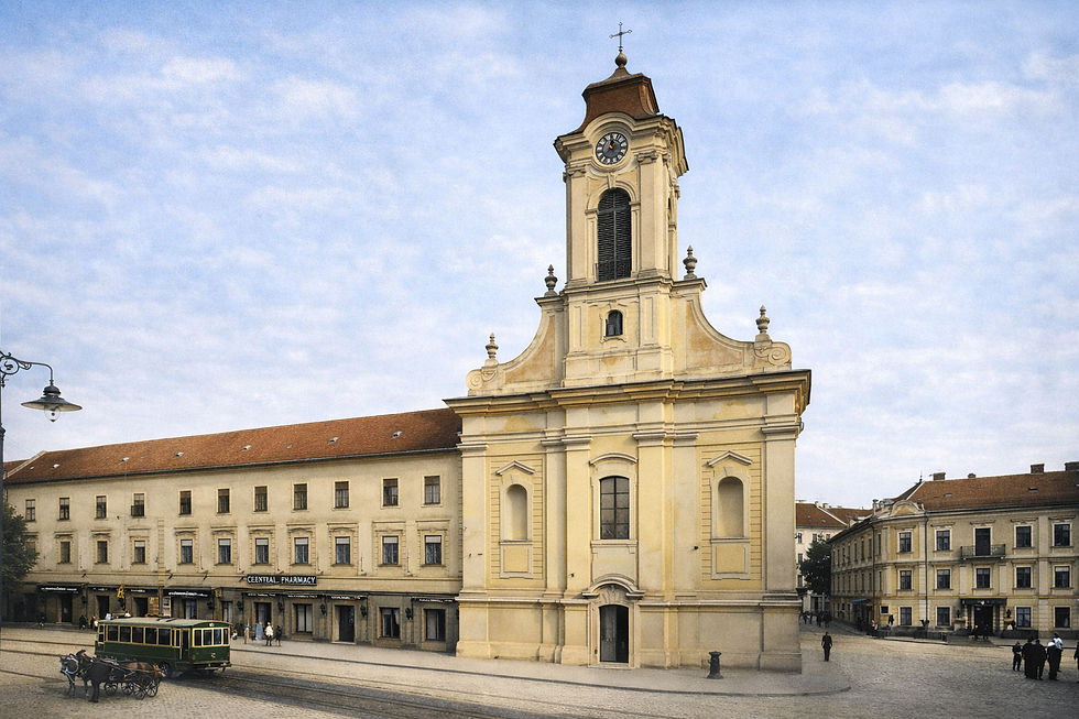 Die St.-Georgs-Kirche in der Zeit vor dem ersten Weltkrieg. Die Abbildung wurde mit KI optimiert und koloriert