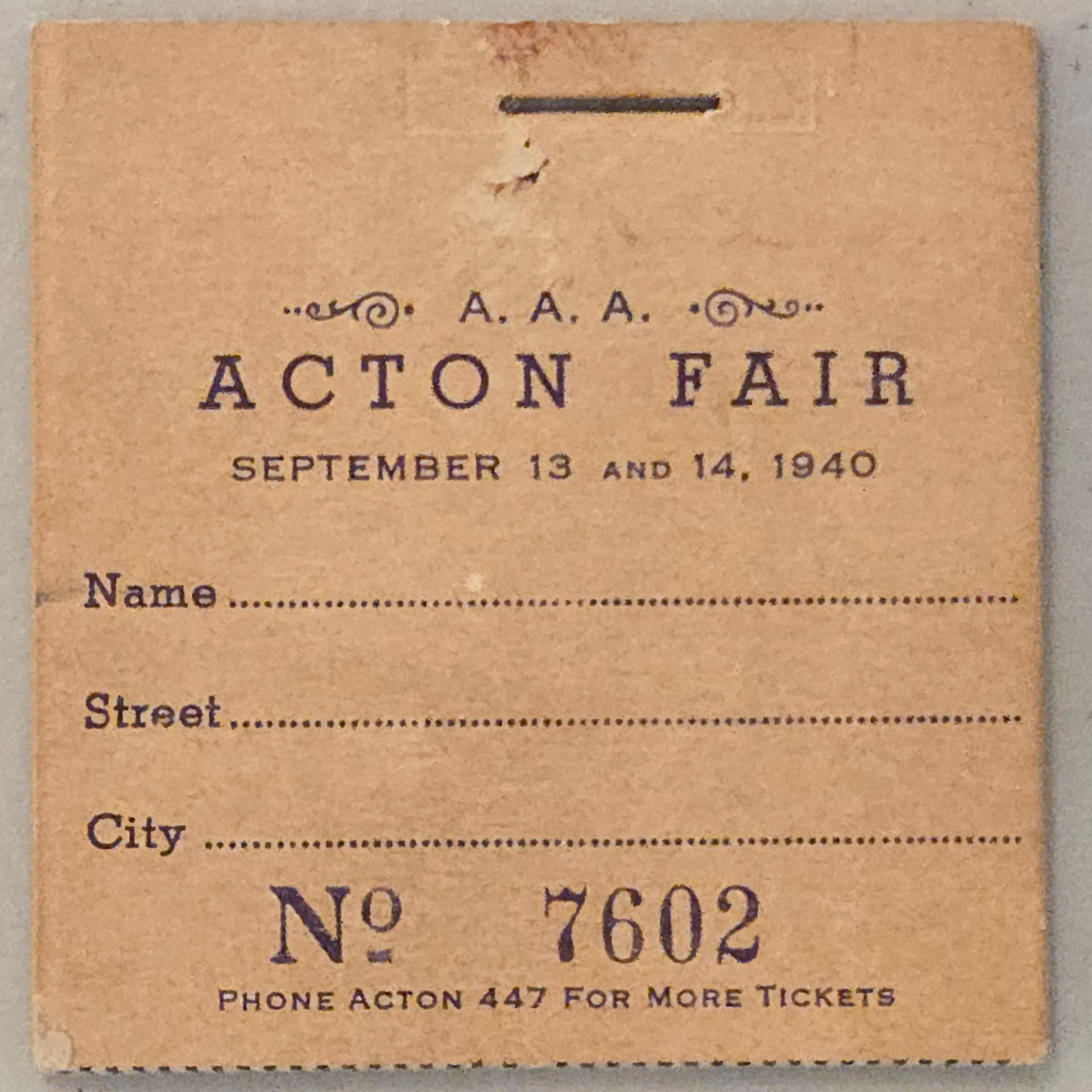 Raffle Ticket Book, 1940 Acton Fair