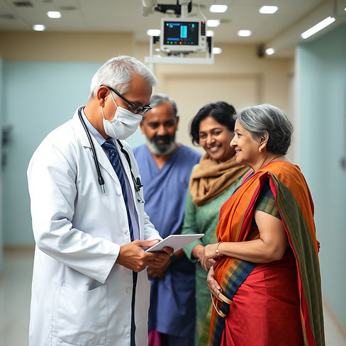 an indian middle aged caring doctor taking caren of his multiple patients and her family p
