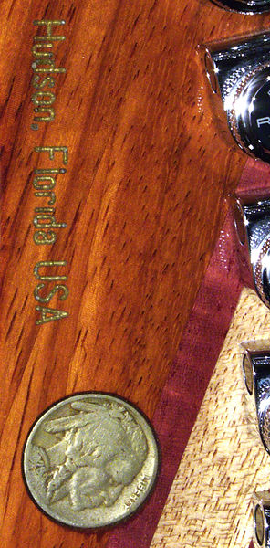EA 24 Purple Sparkle Guitar headstock front purple heart with Paduak reclaimed mahogany & graphtec ratio tunning keys & coin inlay close up