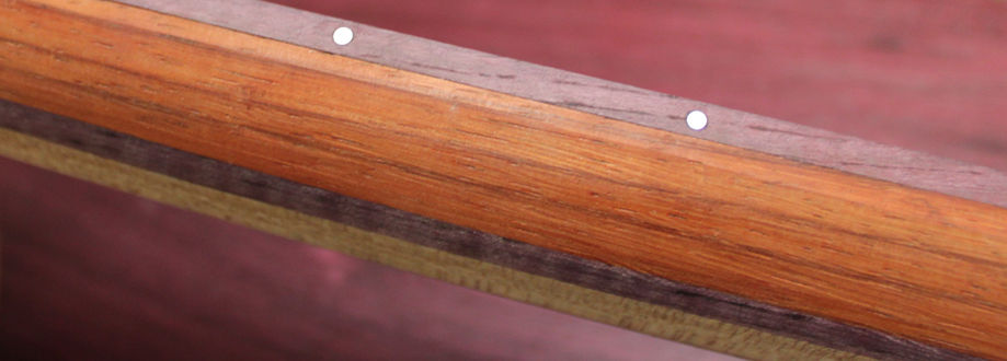 EA 24 purple sparkle neck in the process of building before paint close up of pearl side dots