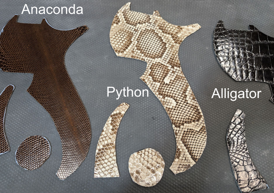 These are real skins from local tanneries with tags on each piece, Anaconda, python & Alligator.