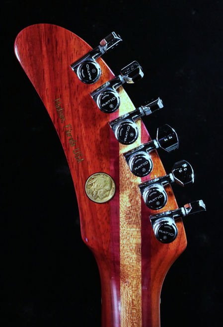 EA 24 Purple Sparkle Guitar Head Stock Back Paduak with reclaimed mahogany purple heart & coin inlay