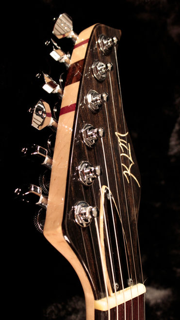 KR 22 Smoked Lavender Headstock front Flame maple wenge purple heart neck with ebony overlay flame maple inlay graphtech ratio locking tuning keys