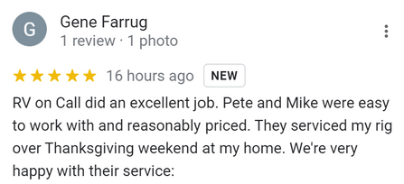 Customer review for RV on Call from Gene Farrug.