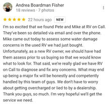Customer review for RV on Call from Andrea Boardman Fisher.