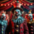 Scary clown ringmaster with a scary different looking clowns on each side in front of a sc