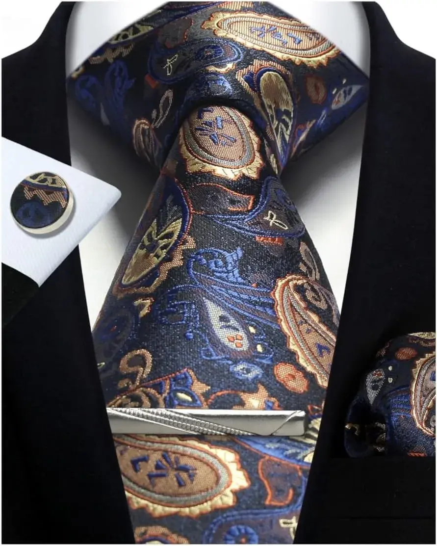 Thumbnail: Mens Tie Set Silk Silver Paisley Floral Necktie and Pocket Square Cufflinks Tie