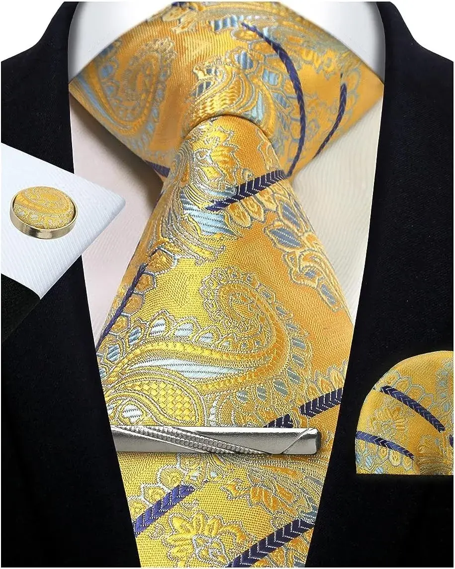 Thumbnail: Mens Tie Set Silk Silver Paisley Floral Necktie and Pocket Square Cufflinks Tie