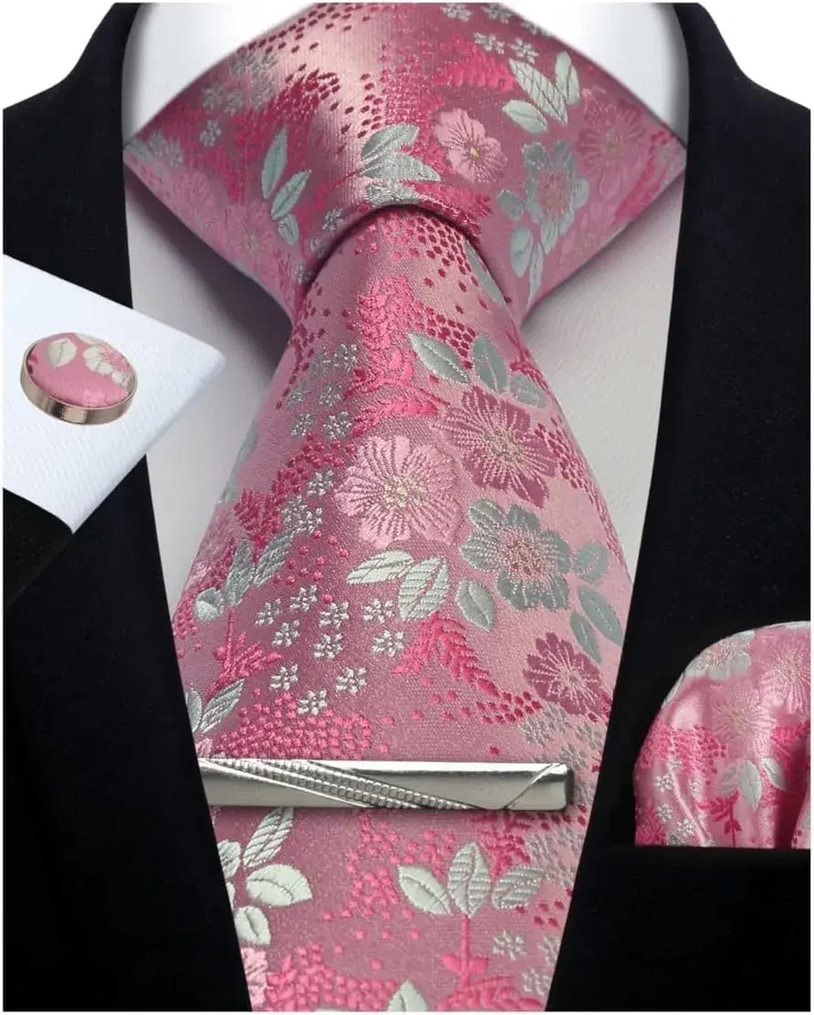Thumbnail: Mens Tie Set Silk Silver Paisley Floral Necktie and Pocket Square Cufflinks Tie