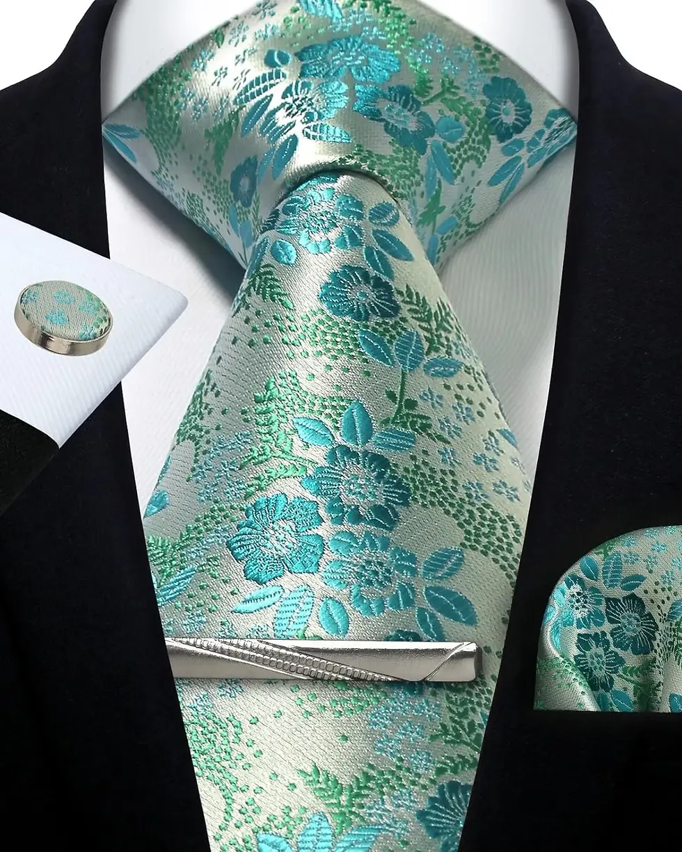 Thumbnail: Mens Tie Set Silk Silver Paisley Floral Necktie and Pocket Square Cufflinks Tie