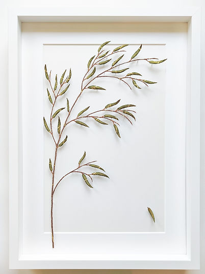 Hope, 2024, three-dimensional embroidery of an olive branch in polyester thread and gold, by Itamar Yehiel