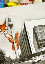 Comic-Eichhörnchen vor Berliner Fernsehturm, kolorierte Postkarte von 1964