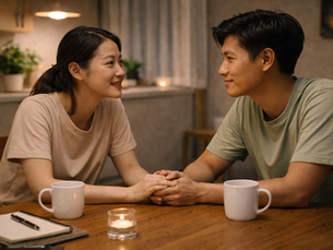 Asian couple having a calm conversation at a kitchen table demonstrating secure communication in a healthy relationship