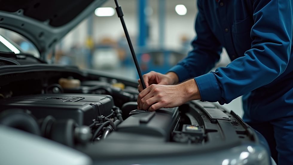 Close-up view of a mechanic inspecting a car engine