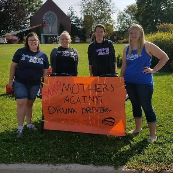 It's the first day of Gamma Week!! Come join us in front of Padua to play some backyard games with drunk goggles and learn about MADD! #gammasigmasigma #gssd3 #unityinservice (L to R): Shelby, Marque, Vanessa, and Bri