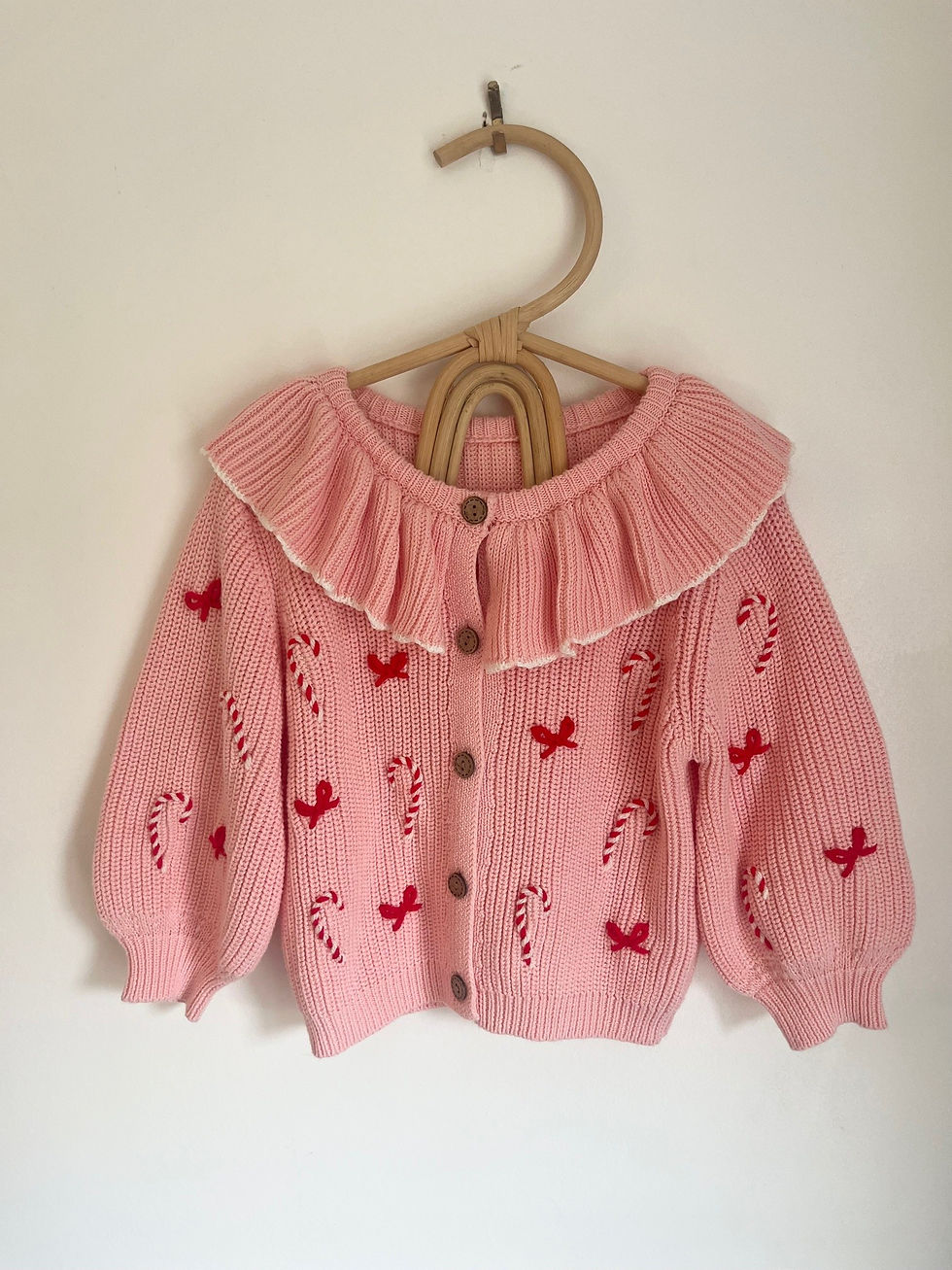 Thumbnail: Children's Embroidered Frill Cardigan- Blush