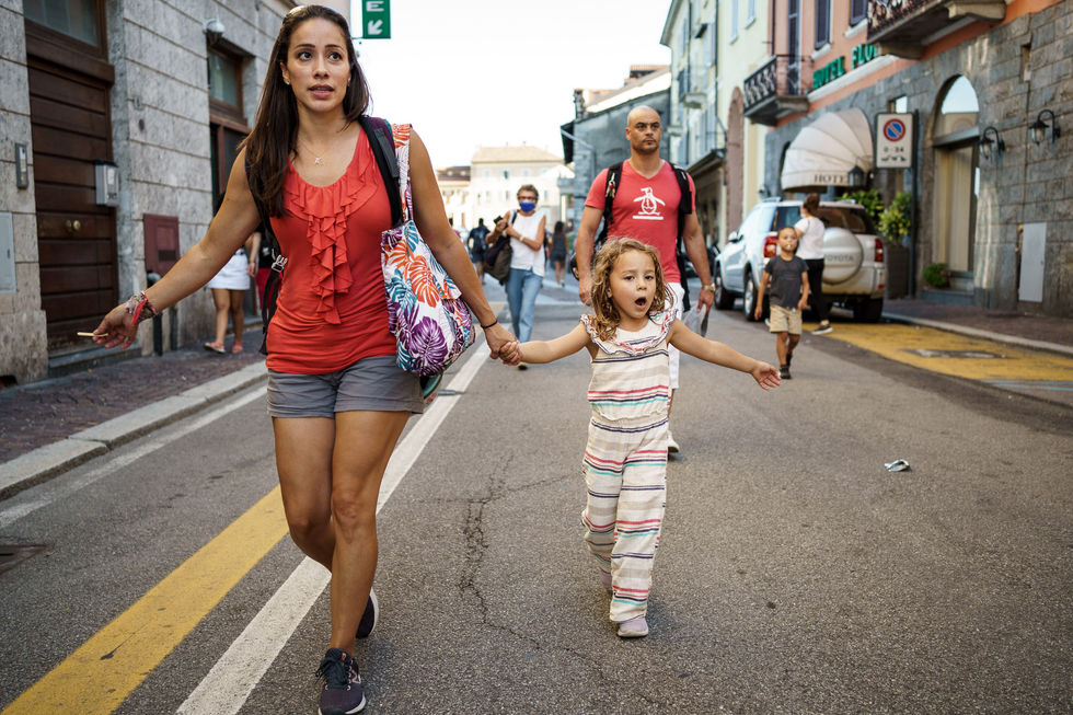 walking down the street with mom